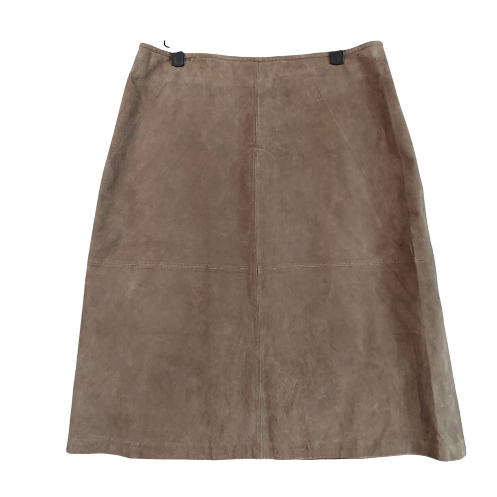 St. John's Bay Midi Skirt Women 12 Tan Brown Leather Suede A-Line Paneled